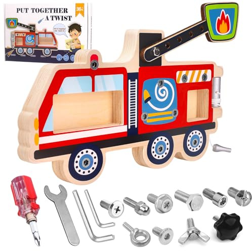 Liangding Juguete de Tornillos Montessori, Camión de Bomberos de Madera con Herramientas, Juego de Atornillar y Desatornillar para Motricidad Fina, Niños 3 4 5 Años