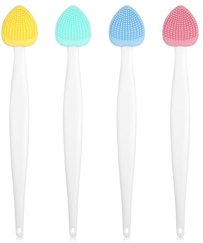 Lot de 4 pinceaux à lèvres exfoliants en silicone - Outil exfoliant en silicone double face - Réutilisable - Nettoyage doux - Pour un aspect des lèvres plus lisses et pleines