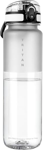 Edmyre 32oz Water Bottle with Chug Lid, Frosted & Clear Tritan BPA-Free, Leakproof, Wide Mouth, Portable Sports Water Bottle for Gym, Office, Travel, Outdoor (Transparent)