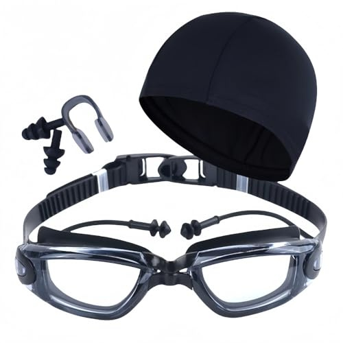 Vyloky Set di occhiali da nuoto anti-appannamento, 8 colori con cuffia da nuoto | con clip per naso e fascia per tappi per le orecchie | guarnizione 3D da uomo (trasparente nero)