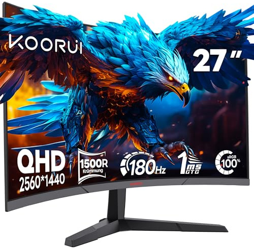 KOORUI 27 Inch 1440P Gaming Monitor, QHD Curved Monitors 180Hz GTG 1ms 1500R PC Screen Adaptive Sync, DP HDMI, VESA Compatible, Tilt Adjustable, 27E6QCA
