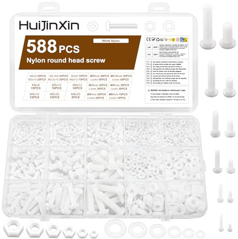588 stycken M2 M2,5 M3 M4 M5 M6 plastskruvar muttrar set, vit nylon försänkta skruvar med muttrar set, korsfördjupning platt huvudskruvar runda huvudskruvar maskinskruvar set