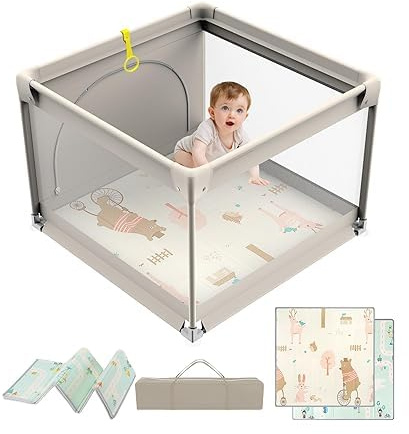 90x90cm Parque Infantil Bebe con Alfombra Bebe,Corralito Bebe con Acolchado Espuma y Malla Transpirable,Parque de Juegos Bebe Plegable con Colchon y Puerta Lateral,Playpen Bebe,valla segura y