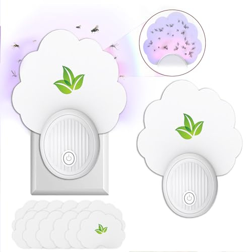 Confezione da 2 trappole per mosche da interni (2 dispositivi + 12 carte colla), lampada notturna, antizanzare, trappola per insetti volanti plug-in per zanzare, mosche, moscerini della frutta, falene