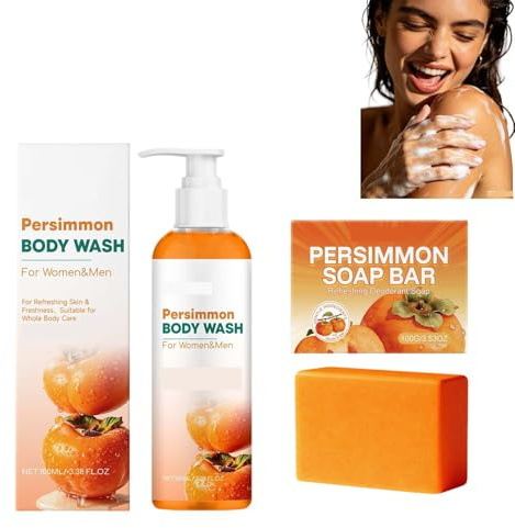 Persimmon Soap & Persimmon Body Wash Set, Deodorizing Bath Kit, Deep Cleansing Moisturizing Combo With Goats Milk Coconut Oil Green Tea, Richly Foam Long Lasting Fresh Scent Men Women Elders (1PCS)