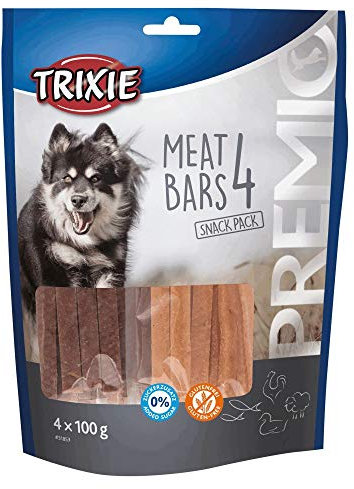 TRIXIE Hundeleckerli Premio 4 Meat Bars, Huhn/Ente/Lamm/Lachs Hundesnack - herzhaftes Leckerli mit Fleisch, ohne Zuckerzusatz und Gluten 4 x 100 g - 31853