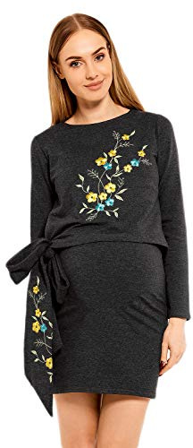 Selente Mummy Love festlig mammaklänning (tillverkad i EU), graviditetsklänning med amningsfunktion, spets eller broderier, Med broderi långärmad mörkgrå, XXL