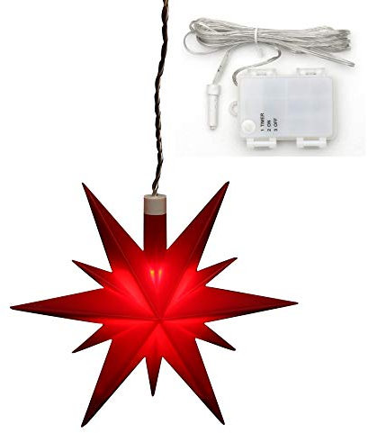 Weihnachtsstern aus Kunststoff in rot, für Innen und Außen geeignet, inkl. LED Beleuchtung und 6h Timer, für Batteriebetrieb. Maße L/B/H: 13,5 x 5,5 x 12 cm.