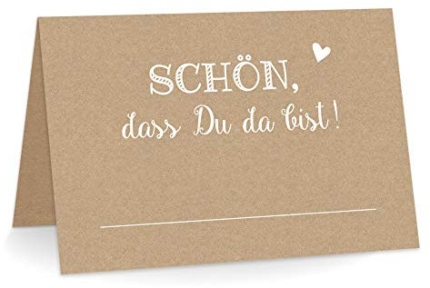 KuschelICH Premium Tischkarten Schön, DASS Du da bist! mit Herz Platzkarten zum selbst Beschriften (Kraftpapier, 50)