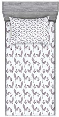 ABAKUHAUS Blätter Buntes Spannbetttuch- und Kissen-Set, Blühende Blumen Kräuter, dekoratives und bedrucktes 2-teiliges Bettwäscheset, 90 cm x 190 cm, Aubergine und Weiß