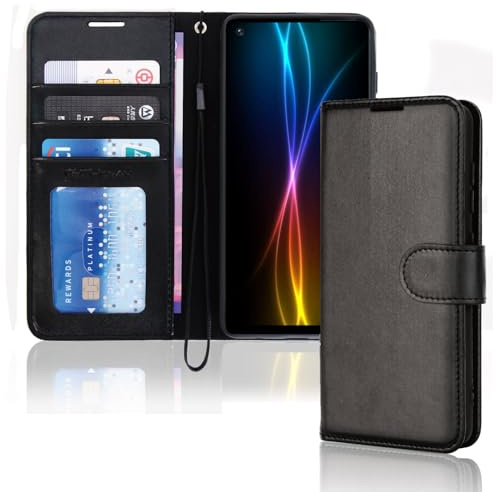 TECHGEAR Galaxy A21s Leather Wallet Case, Flip Protective Case Cover with Wallet Card Holder, Stand and Wrist Strap - Black PU Leather with Magnetic Closure Designed For Samsung Galaxy A21s