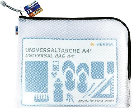 HERMA Dokumententasche A4 mit Reißverschluss, große wasserdichte Reißverschlusstasche, verschließbare Dokumentenmappe aus Kunstoff mit Zipper, halb-transparent, 36 x 28 cm, schwarz