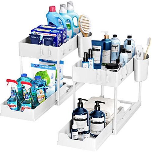 Puricon 2 Unidades Estantería Bajo Fregadero, Estante Organizador Mueble Bajo Fregadero Cocina Lavabo -Blanco