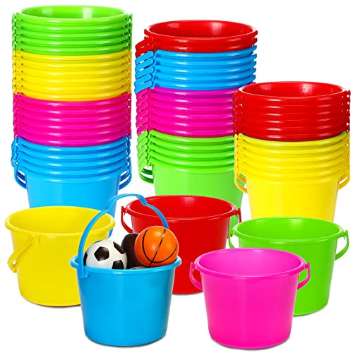 Leitee 50 Pieces Mini Plastic Sand Bucket for Kids 6.3 Inch Colored Small Beach Pail for Toddlers Summer Beach Toys Party Favors and Prize(Classic)