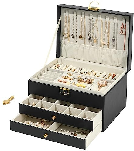WAREHOUSE Schmuckkästchen Schmuckaufbewahrung, 3-Lagige Abnehmbare Schmuckkästchen, zur Aufbewahrung von Schmuck, Ringen, Ohrringen, Armbändern, Wasserdichte Leder Schmuckkasten (Schwarz)