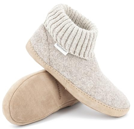 Gottstein stugsko Dakota – hög filttoffel för kvinnor och män av 100 % ny ull med extra bekväm lädersula och elastisk stickad linning, Beige, 37 EU