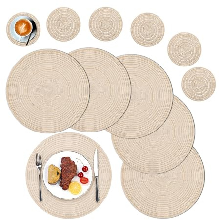 SHACOS Round Placemats and Coasters Set of 6, Round Braided Woven Place Mats Washable Beige Table Mats and Coasters Sets Heat Resistant Table Mats for Kitchen Dining Table Home Restaurant