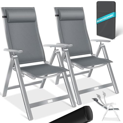 KESSER® Gartenstuhl Hochlehner mit Armlehnen 2er Set Aluminium Klappstuhl mit Kopfkissen & Abdeckung Campingstuhl 7-Fach Verstellbar Rückenlehne Atmungsaktiv Wetterfest Klappbar Anti-Rutsch, Hellgrau