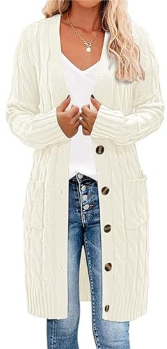 Gilet Long Femme Cardigan Manteau Veste Tricoté Chic Elegant Automne Hiver Vêtements Blanc XXL
