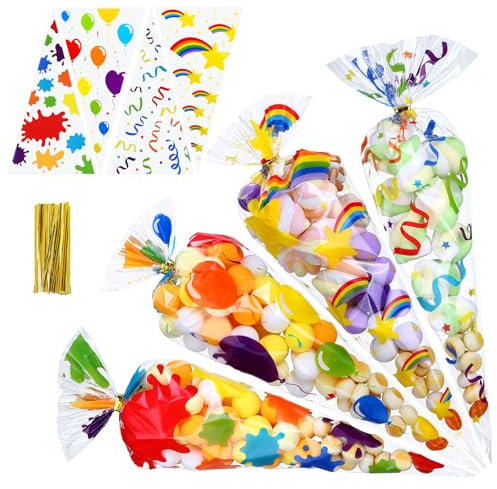 GWHOLE 100 Stück Süßigkeiten Tüten Cellophantüten Spitztüten Transparent Candy Bar Tüten Cone Geschenktüten mit 120 Twist Ties für Schokolade Kekse Bonbons Popcorn Geschenke Party Geburtstag Hochzeit