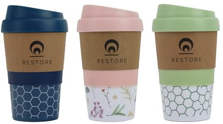 Restore Coffee Cup Travel Mug, Renew 320ml Multi Coloured Pack Reuseable Polypropylene Silicone Grip Leakproof BPA Free, Fits Standard Cup Holders (3 Pack Teal & Pink & Navy)