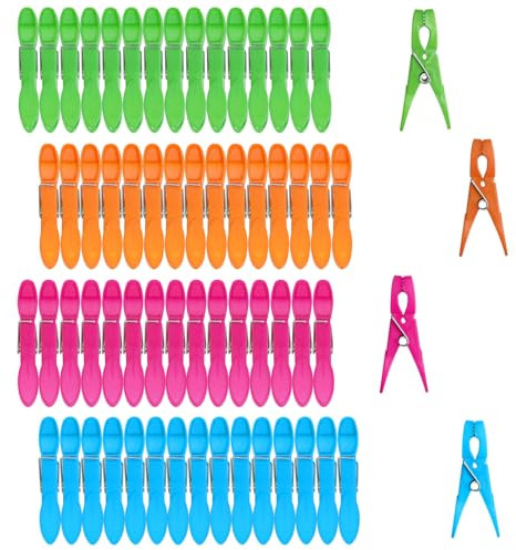 Mauepersu Lot de 60 pinces à linge multicolores, 4 couleurs, en plastique, avec ressort à anneau extérieur stable, pinces à linge antidérapantes pour corde à linge ou séchoir à linge