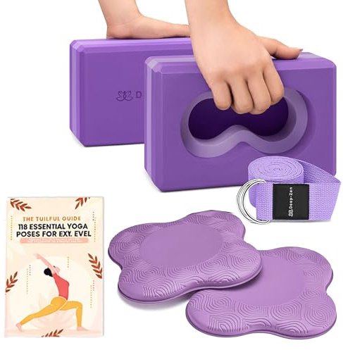 Deep-Zen® Yoga Blocks Wrist Support; Yoga Blocks 2 Pack with Knee Pads and Strap to Put Less Weight on Wrists; Durable, Versatile Yoga Brick Exercise Block Set, Blocks Yoga (Purple)