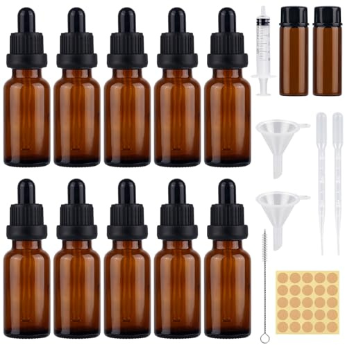 Xishoyen 10 stycken pipettflaskor 20 ml, brun glasflaskor påfyllningsbar droppflaska 20 ml, apoteksflaska med droppare, flaska med pipett för eteriska oljor, parfym, lösningar