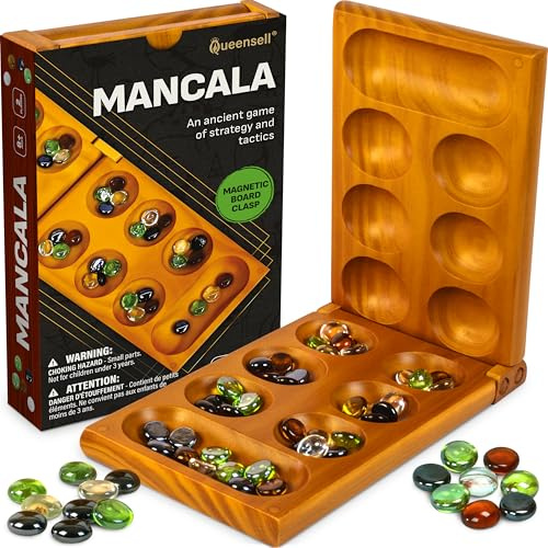 Mancala brädspel för barn och vuxna – vikbart Mancala set i trä med magnetiskt lås och 56 stenar – klassisk strategi brädspel resestorlek
