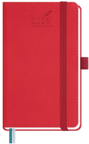 BEZEND Taschenkalender 2026 Klein 15,5 x 9 cm | Kalender 2026 Buchkalender 1 Woche 2 Seiten | Terminplaner 2026 Wochenplaner A6 mit Stiftschlaufe & PU-Leder Hardcover - Rot