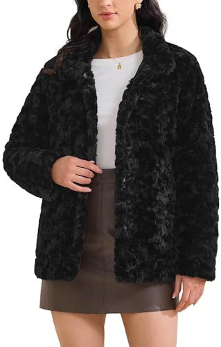 Allegra K Donna Cappotto Invernale in Pelliccia Sintetica con Risvolto Caldo Soprabito con Tasche Soffice Giacca Invernale Nero S