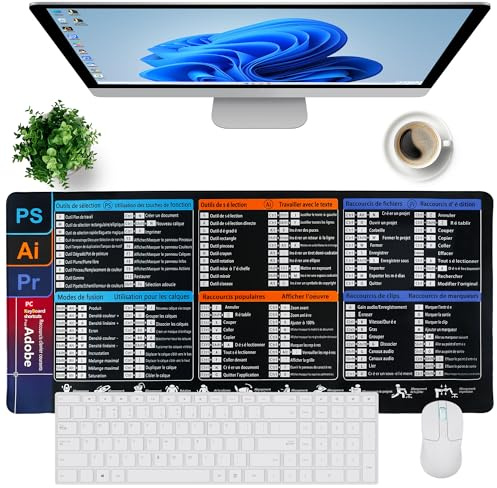 Oaioya Grand Tapis de Souris Bureau Raccourcis Pr/Ai/Ps 90x40cm, Mémo Shortcut et Étirements - Toile Imperméable, Base Caoutchouc Antidérapant, Mat Clavier pour Accessoire Bureau - XXXL
