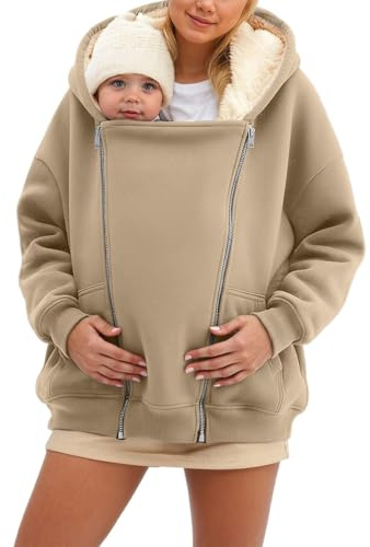 Dasongff 3 en 1 polar canguro Softshell maternidad desgaste chaqueta polar con capucha, chaqueta de maternidad para mujer, manga larga, suéter cálido con cremallera chaquetas de desgaste, caqui, M