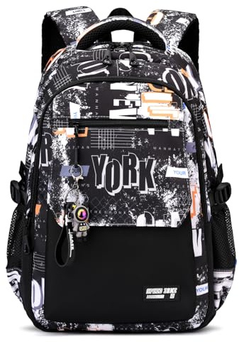 Tanou Schulrucksack Teenager Jungen, Groß Rucksack Schule Gymnasium Casual Daypack Wasserabweisend, Lässiger Schulranzen für Reisen mit Trolley-Schlaufe, Schwarz