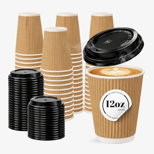 CaterCo 12oz Kraft Ripple Wall Coffee Cups & Lids - 200 Pack Triple Insulated Cups & Lids for Hot Drinks, Tea, Recyclable, Brown Paper Cups Cafes, Takeaway, Events - 12oz / 340ml - 200 Pack with Lids