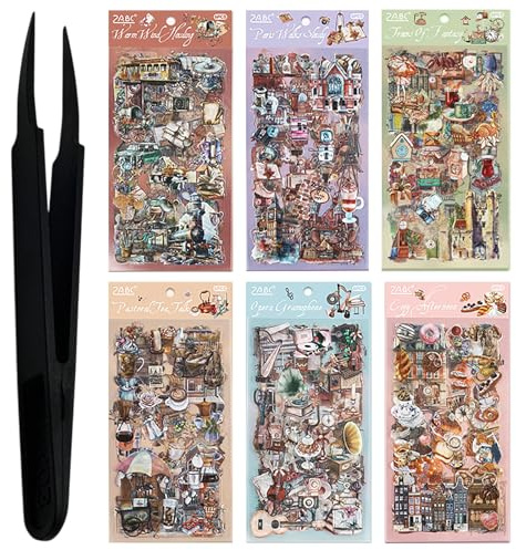 Culinavog 563 Pcs/36 Sheets Scrapbook Stickers, Journal Stickers, Waterproof PET Sticker Sheets, Vintage Stickers Includes Plastic Tweezers for Scrapbook Supplies, Journaling Supplies & DIY Art Craft