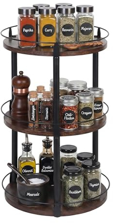 Relaxdays portaspezie Girevole 360°, 3 Ripiani, Bordo anticaduta, 45×26 cm, per Olio & aceto, Marrone/Nero