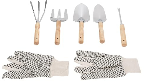 Rengue Juego de Pala y Paleta de Jardín de Acero Inoxidable, de Madera, Herramientas Manuales 6 en 1 con Rastrillo, Tenedor, para Plantar Flores, Verduras en el Jardín de Casa