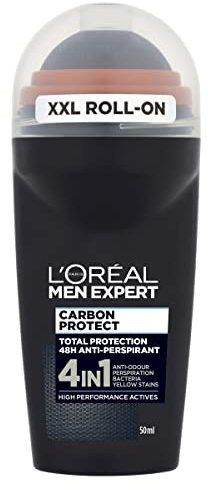 L'Oréal Men Expert Carbon Protect Deodorant Roll-On, 48-Hour High-Performance Anti-Perspirant, 4-in-1 Action with Absorbing Charcoal Powder, No Sticky Residue, Dermatologically Tested