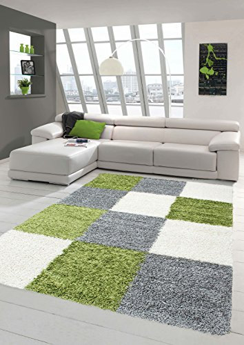 Shaggy Teppich Hochflor Langflor Teppich Wohnzimmer Teppich Gemustert in Karo Design Grün Grau Creme Größe 80x150 cm
