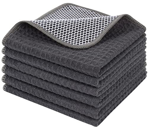 KinHwa Microfiber Dish Cloths for Washing Up Drying Towels Waffle Kitchen Cleaning Cloths with Poly Scour Side 12 Inch X 12 Inch 6pack Grey