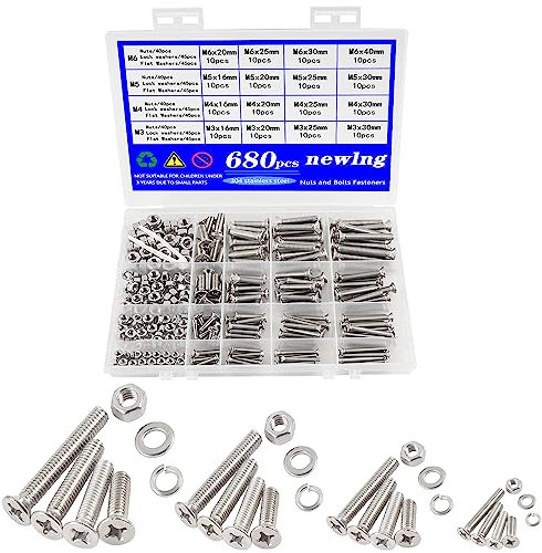 newlng 680Stück Senkkopfschrauben mit Nase Schraube Set M3 M4 M5 M6 Schraube und Mutter Unterlegscheiben 304 Edelstahl Kreuz Senkkopfschraube Maschinenschrauben für DIY Reparatur Befestigungszubehör