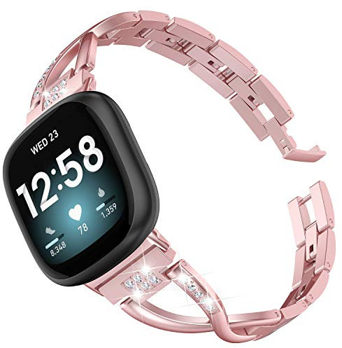 Wearlizer Compatible with Fitbit Versa 4/ Versa 3/ Sense 2/ Sense Strap for Women Dressy Metal Replacement Wristbands Bands Bling Rhinestone Bracelet Band for Fitbit Versa 4 Smartwatch, Pink Gold