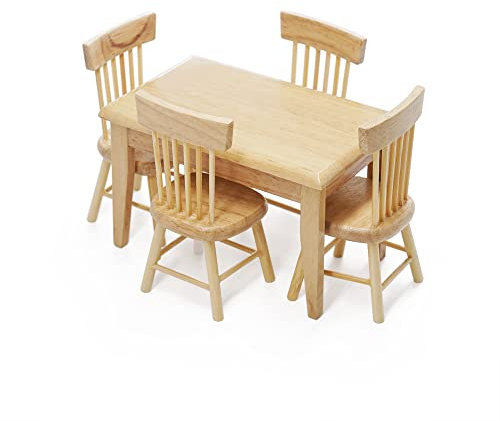 Odoria 1/12 Miniatur Tisch und Stühle Puppenhaus Möbel Küche Zubehör, Holzfarbe