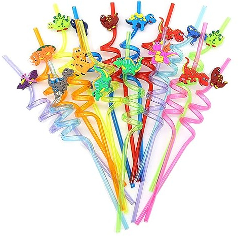 GOIYZTTR 16 Pajitas de Plástico Reutilizables Multicolor Dinosaurio Pajitas Rizadas Ideal para Decoraciones de Fiesta