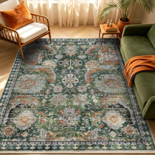 RUGSURE Washable Area Rugs - Perfect for Living Room, Bedroom, Kids Room, Nursery - Stain & Water Resistant Non-Slip, Pet & Child Friendly, Vintage Tribal Area Rugs (Green, 5' x 7')