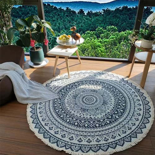 Terafeels Runder Teppich Jute Teppich Waschbar Teppich Vintage Teppich mit Quasten Innen-Fußmatten Waschbar für zu Hause Küche Wohnzimmer Schlafzimmer Blau 60 × 60cm,3060