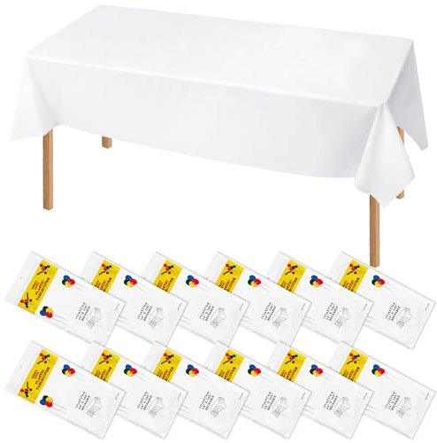 AZKEEGREY 12 manteles desechables blancos de 137 x 274 cm, de plástico impermeable, rectangular, para fiestas, mesas de cerveza, pícnic, gastronomía, 12 unidades