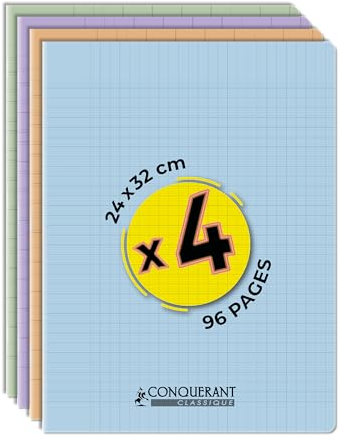 Conquérant Lot de 4 Cahiers Classique Pastel 24x32 96 Pages 90g Grands Carreaux Seyès Agrafées Couverture Polypro Couleurs Assorties