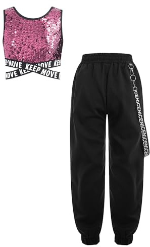 Nyeemya Bambina Completo da Ballo Jazz Hip Hop Paillettes Crop Top Reggiseno Sportivo con Pantaloni Cargo Tuta da Ginnastica Artistica Dancewear Streetwear Rosa 13-14 Anni